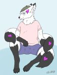  &lt;3 anthro arctic_fox blue_eyes bulge canid canine clothed clothing coy crossgender eli_(artist) fluffy fox fur fur_markings gloves_(marking) hat headgear headwear hi_res highlights_(coloring) leg_markings male mammal markings multi_tail sammi shirt signature slightly_chubby socks_(marking) solo teasing tongue tongue_out topwear underwear white_body white_fur 