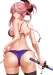  1girl ass fate/grand_order fate_(series) from_behind highres jojobirdz katana miyamoto_musashi_(fate/grand_order) pink_hair ponytail solo string_bikini swimsuit sword thighhighs weapon 