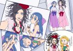  3girls atarime_(atarimemakaron) bianca black_hair blonde_hair blue_eyes blue_hair blue_shirt blush bow braid breasts cellphone chibi chibi_inset cleavage closed_eyes commentary_request cup deborah disposable_cup dragon_quest dragon_quest_v drinking_straw earrings feather_boa flora flower grey_shirt hair_bow hair_flower hair_ornament hair_over_shoulder hair_ribbon holding holding_cup holding_phone jewelry large_breasts long_hair long_skirt messy_hair mole mole_under_eye multiple_girls necklace open_mouth outstretched_hand phone photo_(object) pink_skirt purple_bow purple_ribbon purple_skirt red_flower red_rose ribbon rose shirt single_braid skirt smartphone translation_request 