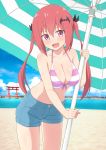  1girl alternate_hairstyle bangs bare_shoulders bat_hair_ornament beach beach_umbrella bikini black_ribbon blue_footwear blue_sky blurry blurry_background blush breasts cleavage cloud cloudy_sky collarbone day denim denim_shorts eyebrows_visible_through_hair fang front-tie_bikini front-tie_top gabriel_dropout hair_between_eyes hair_ornament hair_ribbon hand_up highres holding kurumizawa_satanichia_mcdowell large_breasts leaning_forward long_hair looking_at_viewer nyaroon ocean open_mouth outdoors pink_eyes red_hair ribbon sand shiny shiny_hair short_shorts shorts sky smile solo standing striped striped_bikini swimsuit thighs tongue twintails umbrella water 
