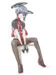  1boy absurdres bangs black_legwear black_shorts blunt_bangs dated eyebrows_visible_through_hair fudeyama_(fudeco) full_body genderswap genderswap_(ftm) gloves grey_hair headgear high_heels highres kantai_collection male_focus murakumo_(kantai_collection) necktie orange_eyes pantyhose red_neckwear shadow short_sleeves shorts simple_background sitting smile solo tassel white_background 