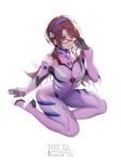  1girl absurdres adjusting_eyewear arm_support bangs blue_eyes bodysuit breasts brown_hair commentary_request covered_collarbone evangelion:_2.0_you_can_(not)_advance evangelion:_3.0_you_can_(not)_redo eyebrows_visible_through_hair full_body glasses hairband hand_up high_heels highres koi_han long_sleeves looking_at_viewer makinami_mari_illustrious medium_breasts neon_genesis_evangelion parted_lips pink_bodysuit plugsuit rebuild_of_evangelion red-framed_eyewear shiny shiny_clothes shiny_hair simple_background sitting skin_tight smile tied_hair white_background 