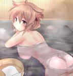  1girl arm_rest bangs breasts commentary_request eyebrows_visible_through_hair hair_between_eyes hair_flaps hair_up heterochromia highres hirune_(konekonelkk) kantai_collection large_breasts looking_at_viewer murasame_(kantai_collection) nude onsen partially_submerged red_eyes remodel_(kantai_collection) sidelocks solo steam towel water yellow_eyes 