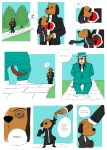  2020 anthro blush business_suit canid canine canis clothing comic domestic_dog english_text eyewear fan_character father father_and_child father_and_son glasses grass group hand_on_head hat headgear headwear hi_res male mammal parent parent_and_child priest red_eyes sleeping son speech_bubble suit tagme text tree 
