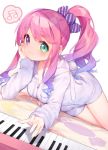  alternate_costume alternate_hairstyle breasts candy_hair_ornament cleavage collarbone food_themed_hair_ornament hair_ornament highres himemori_luna hololive instrument looking_at_viewer piano pink_hair ponytail scrunchie simple_background tousaki_shiina virtual_youtuber white_background 