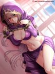  1girl absurdres bra breasts cleavage closed_mouth fire_emblem fire_emblem:_the_binding_blade green_eyes heterochromia highres hood hood_up idunn_(fire_emblem) long_hair long_sleeves lying midriff navel on_side panties pantyshot pointy_ears purple_bra purple_hair purple_panties red_eyes smile solo underwear vilde_loh_hocen watermark web_address window 