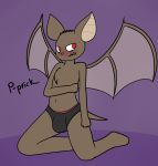  anthro big_bulge bite biting_lip biting_own_lip black_clothing black_underwear brown_body brown_fur brown_skin bulge chest_tuft chiropteran clothing digital_media_(artwork) english_text fangs fur male mammal mr_rottson navel pink_nose purple_background red_eyes self_bite simple_background solo text tuft underwear wings 