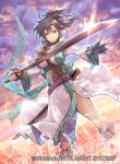  1girl closed_mouth cloud company_name copyright_name fingerless_gloves fir_(fire_emblem) fire_emblem fire_emblem:_the_binding_blade fire_emblem_cipher gloves holding holding_sword holding_weapon i-la long_hair official_art outdoors ponytail purple_eyes purple_hair scabbard sheath sky smile solo sword weapon 
