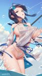  1girl adjusting_clothes black_hair blue_eyes blue_ribbon blue_sky breasts commentary_request da_mao_banlangen dress fate/grand_order fate/requiem fate_(series) fundoshi hair_ornament highres japanese_clothes jewelry large_breasts long_sleeves looking_at_viewer magatama magatama_hair_ornament medium_hair multicolored_hair necklace open_mouth outdoors pelvic_curtain polearm puffy_long_sleeves puffy_sleeves ribbon see-through short_dress sideboob sideless_outfit sky solo spear standing streaked_hair two-sided_fabric two-sided_skirt utsumi_erise water weapon wet wet_clothes white_dress 