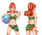  1girl :d abs alena_(dq4) ass atarime_(atarimemakaron) bikini blush bracelet breasts clenched_hand commentary_request curly_hair dragon_quest dragon_quest_iv earrings green_bikini inflatable_toy jewelry long_hair medium_breasts midriff multiple_views navel open_mouth orange_bikini orange_hair ponytail red_eyes simple_background slime_(dragon_quest) smile sparkle swimsuit two-tone_bikini white_background 