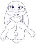  anthro anus black_and_white blue_and_white bodily_fluids buckteeth butt clitoris disney female fur genital_fluids genitals judy_hopps lagomorph legs_up leporid looking_pleasured lying mammal monochrome nude on_back presenting presenting_hindquarters presenting_pussy pussy pussy_juice rabbit rawrunes simple_background solo sweat teeth tongue tongue_out white_background zootopia 