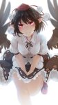  1girl backlighting bird_wings black_hair black_neckwear black_ribbon black_skirt blurry blurry_background breasts feathered_wings foot_out_of_frame geta hands_together hat head_tilt highres kagami_toufu light_frown looking_at_viewer medium_breasts petticoat pointy_ears pom_pom_(clothes) puffy_short_sleeves puffy_sleeves red_eyes red_footwear red_headwear ribbon ribbon-trimmed_skirt ribbon_trim shameimaru_aya shirt short_hair short_sleeves simple_background skirt skirt_hold solo standing standing_on_one_leg sweatdrop tengu-geta tokin_hat touhou untucked_shirt v_arms white_background white_shirt wings 