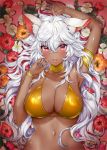  1girl animal_ear_fluff animal_ears armlet arms_up bangs bikini bikini_top blue_nails blush bracelet breasts cleavage collarbone crossed_bangs dark_skin earrings eyebrows_visible_through_hair fangs flower gold_bikini hair_between_eyes jewelry large_breasts light_areolae long_hair looking_at_viewer lying mira_(ogino_atsuki) nail_polish navel ogino_atsuki open_mouth original red_eyes shiny shiny_clothes shiny_skin solo swimsuit tongue tongue_out white_hair yellow_bikini 