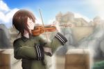  1girl blurry blurry_background bow_(instrument) brown_hair closed_eyes day drawfag highres instrument long_sleeves military military_uniform music outdoors playing_instrument short_hair solo sora_no_woto sorami_kanata standing uniform 