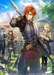  2boys 4girls annette_fantine_dominic arm_up armor belt black_headwear blonde_hair blue_sky boots bow brown_hair cloud company_name copyright_name day dorothea_arnault fire_emblem fire_emblem:_three_houses fire_emblem_cipher flag from_behind from_side garreg_mach_monastery_uniform grass hair_bow hat high_heel_boots high_heels hilda_valentine_goneril holding long_hair long_sleeves low_ponytail mercedes_von_martritz multiple_boys multiple_girls nij_24 official_art one_eye_closed open_mouth orange_hair outdoors parted_lips polearm red_hair short_hair sky sylvain_jose_gautier tree uniform weapon 