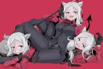  3girls :d absurdres animal_ears bangs belt belt_buckle black_gloves black_neckwear black_pants black_vest blush breasts buckle cerberus_(helltaker) claw_pose collared_shirt demon_girl demon_tail dog_ears fangs forehead gloves grin hayarob helltaker highres leaning_back long_hair long_sleeves looking_at_viewer lying medium_breasts multiple_girls necktie on_back open_mouth pants parted_bangs pink_background red_eyes red_shirt shirt silver_hair simple_background sitting smile tail tail_grab teeth top-down_bottom-up triplets vest wing_collar 