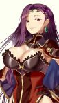  1girl black_gloves blush breasts brown_eyes chocojax circlet cleavage closed_mouth dress earrings fire_emblem fire_emblem_echoes:_shadows_of_valentia forehead gloves highres jewelry large_breasts long_hair looking_at_viewer purple_hair red_dress smile sonya_(fire_emblem) 