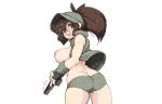  ass breasts brown_eyes brown_hair cropped fio_germi glasses gloves gun hat metal_slug nipples no_bra panties ponytail slugbox underwear weapon white 