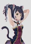  1girl absurdres animal_ear_fluff animal_ears armpits arms_behind_head arms_up bangs black_hair blush breasts cat_ears cat_girl cat_tail cowboy_shot dress green_eyes grey_background highres huge_filesize karyl_(princess_connect!) long_hair medium_breasts multicolored multicolored_clothes multicolored_dress multicolored_hair naicha_(842951905) parted_lips ponytail princess_connect! princess_connect!_re:dive simple_background sleeveless sleeveless_dress solo streaked_hair tail white_hair 