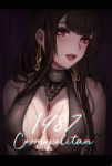  1girl bangs bare_shoulders black_dress blush breasts brown_hair cleavage dress dsr-50_(girls_frontline) earrings girls_frontline highres jewelry large_breasts long_hair looking_at_viewer necklace open_mouth pink_eyes selcky sidelocks sleeveless sleeveless_dress sweat 