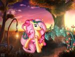  atlas-66 cloud duo equid equine female feral flower fluttershy_(mlp) friendship_is_magic grass hi_res mammal my_little_pony outside pinkie_pie_(mlp) plant sky sunset tree 