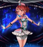  1girl absurdres bike_shorts cosplay crossover dandere_(tetsudan) henshin highres looking_to_the_side magical_girl open_hands outstretched_arms palette_suit red_eyes red_hair solo vividred_operation yuuki_yuuna yuuki_yuuna_wa_yuusha_de_aru yuusha_de_aru 