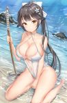  1girl azur_lane bare_arms bare_shoulders beach black_hair bow breasts caustics choker cleavage collarbone criss-cross_halter flower frown groin hair_bow hair_flower hair_ornament hairclip halterneck highleg highleg_swimsuit highres holding kitin large_breasts long_hair looking_at_viewer navel one-piece_swimsuit photoshop_(medium) ponytail revision see-through sitting solo swimsuit sword takao_(azur_lane) takao_(beach_rhapsody)_(azur_lane) thighs very_long_hair water weapon wet white_swimsuit wooden_sword yellow_eyes 