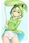  1girl :o animal_print bangs bare_legs blue_eyes braid eyebrows_visible_through_hair frog_hood frog_print frog_raincoat green_hair hair_ornament holding holding_umbrella hood hood_up leaf_umbrella looking_at_viewer open_mouth original rain raincoat sasaame school_swimsuit shiny shiny_clothes simple_background solo swimsuit swimsuit_under_clothes twin_braids umbrella water_drop wet wet_clothes white_school_swimsuit white_swimsuit 