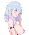  1girl :o arm_strap azur_lane bandaid bandaids_on_nipples bangs blue_hair blunt_bangs blush breasts dido_(azur_lane) embarrassed eyebrows_visible_through_hair from_side hand_up large_breasts long_hair looking_away open_mouth pasties playing_with_own_hair prpr_friends purple_eyes simple_background solo topless upper_body white_background 