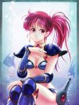  1980s_(style) 1girl 2020 armor artist_name asagiri_youko bikini bikini_armor bikini_day blue_bikini blue_footwear boots breasts choker cleavage dated earrings gand_on_own_chest gem genmu_senki_leda highres jewelry knee_boots long_hair oldschool pauldrons red_eyes red_hair shoulder_armor side_ponytail sitting small_breasts solo swimsuit sword tamanegiinyo thighs vambraces weapon 
