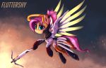  absurd_res atlas-66 blizzard_entertainment blue_eyes english_text equid female feral fluttershy_(mlp) friendship_is_magic hair hasbro hi_res looking_at_viewer mammal mercy_(overwatch) my_little_pony overwatch pink_hair smile solo text video_games yellow_body 