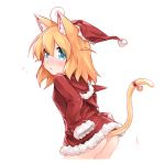  1girl :&lt; ahoge animal_ear_fluff animal_ears ass bell blonde_hair blue_eyes cat_ears cat_tail character_request christmas dress from_behind fur_trim hands_on_hips hat highres jingle_bell looking_back no_panties original red_dress red_headwear santa_costume santa_dress santa_hat short_dress short_hair simple_background sleeves_past_wrists solo tail tail_ornament tamase_tama virtual_youtuber white_background 