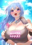  1girl :d bare_shoulders black_shirt blue_hair breasts cleavage clothes_writing cloud collarbone crop_top day dripping emori_miku emori_miku_project food hair_ornament highres holding karinto_yamada large_breasts long_hair midriff navel open_mouth outdoors popsicle purple_eyes shirt skindentation sleeveless sleeveless_shirt smile solo spaghetti_strap sunlight sweat sweatband upper_body 