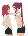  2girls akaza_akari black_neckwear black_skirt blush breasts closed_mouth hair_bun hand_in_pocket long_hair looking_at_another miniskirt multiple_girls necktie open_mouth ponytail purple_eyes purple_hair red_eyes red_hair school_uniform shikou_sakugo_(qqap9gt9k) simple_background skirt small_breasts smile standing sugiura_ayano white_background yuri yuru_yuri 