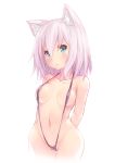  1girl :&lt; absurdres animal_ear_fluff animal_ears arms_behind_back bikini black_bikini blush breasts cameltoe cat_ears character_request green_eyes groin highres navel original pink_hair revealing_clothes short_hair simple_background slingshot_swimsuit solo swimsuit tamase_tama thigh_gap virtual_youtuber white_background 
