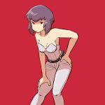 103 1girl bangs bare_shoulders breasts cleavage feet_out_of_frame ghost_in_the_shell hand_on_hip kusanagi_motoko leotard_under_clothes no_nose pants purple_hair red_background red_eyes short_hair simple_background solo white_pants 