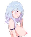  1girl :o arm_strap azur_lane bangs blue_hair blunt_bangs blush breasts dido_(azur_lane) embarrassed eyebrows_visible_through_hair from_side hand_up large_breasts long_hair looking_away nipples open_mouth playing_with_own_hair prpr_friends purple_eyes simple_background solo topless upper_body white_background 