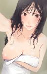  1girl armpits bangs black_hair blush breasts cleavage grin long_hair looking_at_viewer mole mole_under_eye nipples one_breast_out onodera_(einsatz) original smile solo towel wet 