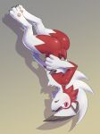  2020 3_toes absurd_res anthro blush butt canid canine claws digital_media_(artwork) fur hi_res lkiws lycanroc male mammal midnight_lycanroc nintendo nude open_mouth paws pok&eacute;mon pok&eacute;mon_(species) simple_background solo toes upside_down video_games white_body white_fur zi_ran 