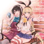  2girls :d absurdres bench black_hair blonde_hair bread brick_wall check_commentary commentary_request eating elbow_gloves fang food gloves grey_legwear hairband highleg highleg_panties highres kantai_collection long_hair long_sleeves melon_bread microskirt milk_carton multicolored_hair multiple_girls naganami_(kantai_collection) navel open_mouth panties pink_hair remodel_(kantai_collection) school_uniform serafuku shimakaze_(kantai_collection) side-by-side sitting skirt sleeveless smile striped striped_legwear thighhighs thong two-tone_hair underwear v yunamaro 