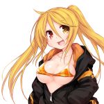  1girl bikini bikini_top black_coat blonde_hair breasts breasts_outside character_request cleavage coat heterochromia highres long_hair micro_bikini open_clothes open_coat open_mouth orange_bikini original simple_background smile solo swimsuit tamase_tama twintails unzipped upper_body very_long_hair virtual_youtuber white_background zipper 