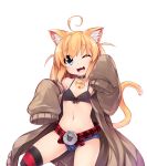  1girl :3 ahoge animal_ear_fluff animal_ears arms_up bell belt bikini bikini_top black_bikini blonde_hair blue_eyes brown_coat cat_ears cat_tail character_request choker coat denim denim_shorts fang flat_chest highres jingle_bell long_hair navel off_shoulder one_eye_closed open_clothes open_coat open_mouth original short_shorts shorts simple_background sleeves_past_wrists smile solo striped striped_legwear swimsuit tail tamase_tama thighhighs virtual_youtuber white_background 