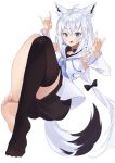  1girl absurdres animal_ear_fluff animal_ears aqua_eyes barefoot dark_fuu double_fox_shadow_puppet fox_ears fox_girl fox_shadow_puppet fox_tail highres hololive long_hair looking_at_viewer no_shoes pentagram ponytail shirakami_fubuki smile soles solo tail toes virtual_youtuber white_hair 