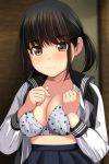  1girl absurdres bangs black_hair black_sailor_collar black_skirt blurry blurry_background blush bra breasts brown_eyes cleavage closed_mouth collarbone depth_of_field eyebrows_visible_through_hair highres long_sleeves matsunaga_kouyou medium_breasts nose_blush open_clothes open_shirt original pleated_skirt polka_dot polka_dot_bra sailor_collar school_uniform serafuku shirt skirt smile solo twintails underwear upper_body white_bra white_shirt 