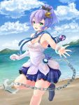  1girl :d anchor azur_lane bangs bare_shoulders beach black_legwear black_ribbon blue_skirt blue_sky blush breasts camisole chain cloud cloudy_sky commentary_request covered_navel crown day eyebrows_visible_through_hair gloves green_eyes hair_between_eyes hair_ornament hair_ribbon high_ponytail highres javelin_(azur_lane) mini_crown no_shoes open_mouth outdoors pleated_skirt ponytail purple_hair ribbon sand single_glove skirt sky small_breasts smile socks solo standing standing_on_one_leg upper_teeth water white_camisole white_gloves yumibakama_meme 