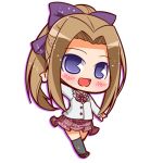  1girl :d blue_eyes blush brown_hair chibi full_body hair_ribbon kaguya-sama_wa_kokurasetai_~tensai-tachi_no_renai_zunousen~ looking_at_viewer lowres midriff ootomo_kyouko open_mouth pleated_skirt ponytail ribbon sidelocks simple_background skirt smile solo suntail white_background 