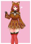  1girl absurdres animal_hood bangs blush breasts brown_hood brown_hoodie feet_out_of_frame heart highres homura_(xenoblade_2) hood large_breasts long_sleeves looking_at_viewer pink_background red_eyes red_hair red_legwear short_hair smile solo swept_bangs the_only_shoe thighhighs xenoblade_(series) xenoblade_2 