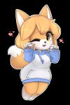  1girl animal_ears black_background blue_hoodie brown_eyes brown_hair chibi drawstring eyebrows_visible_through_hair fang fox_ears fox_tail full_body furry heart highres jupiter_europe long_sleeves looking_at_viewer multicolored_hoodie one_eye_closed original parted_lips short_hair simple_background solo tail white_hoodie 