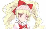  1girl aisaki_emiru bangs blonde_hair blush bow closed_mouth commentary_request cure_macherie eyebrows_visible_through_hair fingers_together hair_bow hands_up haru_(nature_life) hugtto!_precure long_hair looking_at_viewer precure puffy_sleeves red_bow red_eyes sidelocks simple_background sketch solo twintails upper_body white_background 