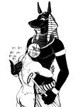  anubian_jackal anubis black_and_white canid canine canis clothed clothing crotch_lines deity egyptian_mythology headdress hi_res hladilnik hug jackal male mammal middle_eastern_mythology monochrome mythology patting_back pecs simple_background size_difference topless white_background 